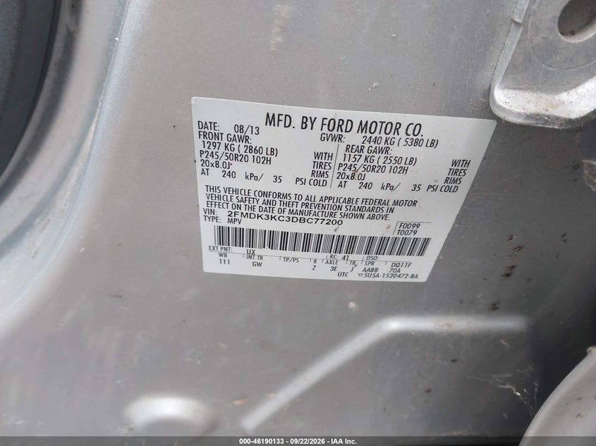 FORD EDGE 2013 VIN 2FMDK3KC3DBC77200