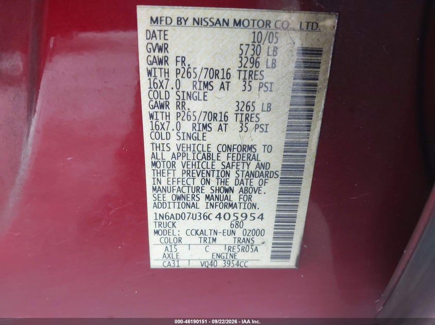 NISSAN FRONTIER 2006 VIN 1N6AD07U36C405954