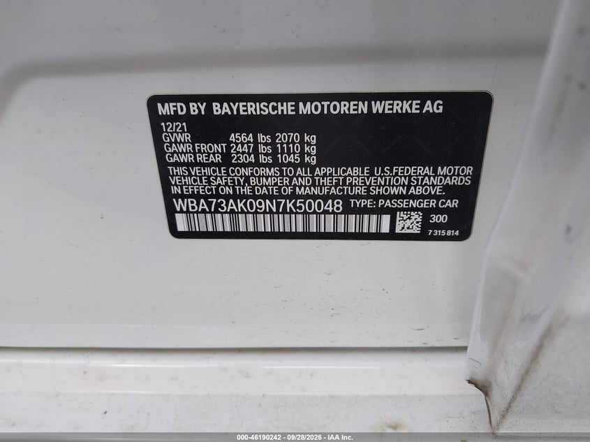 BMW 228 GRAN COUPE 2022 VIN WBA73AK09N7K50048