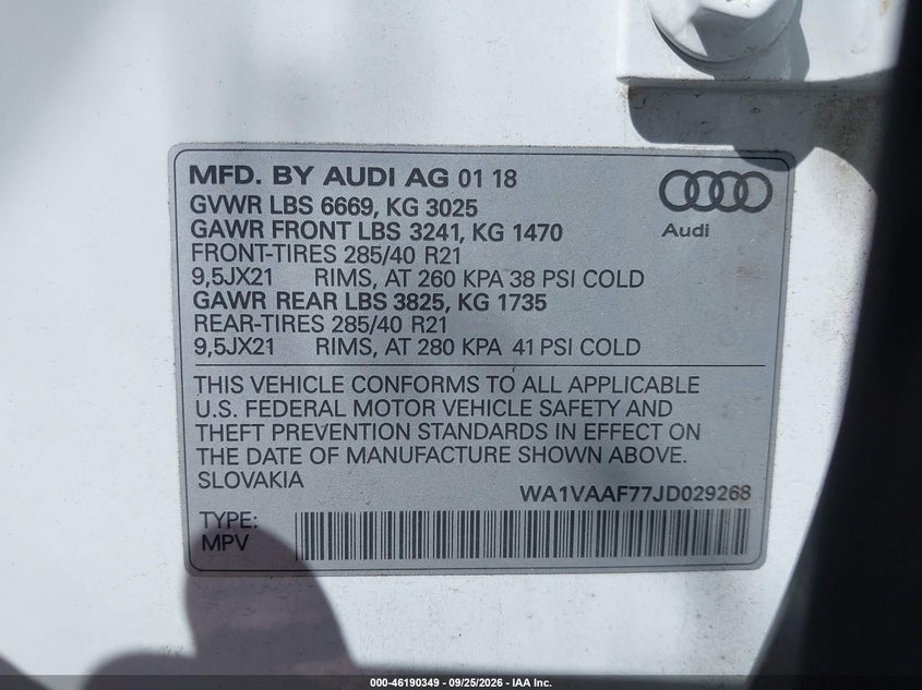 AUDI Q7 2018 VIN WA1VAAF77JD029268