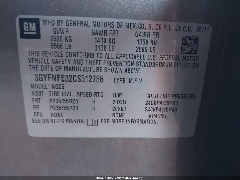 CADILLAC SRX 2012 VIN 3GYFNFE32CS512786