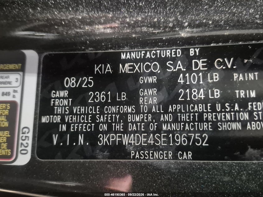 KIA K4 2025 VIN 3KPFW4DE4SE196752