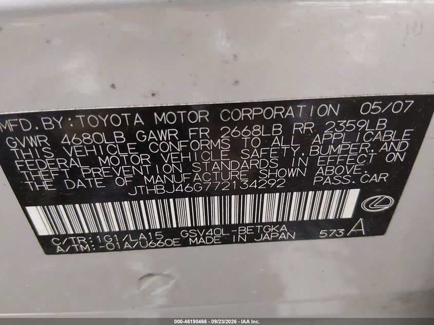LEXUS ES 350 2007 VIN JTHBJ46G772134292