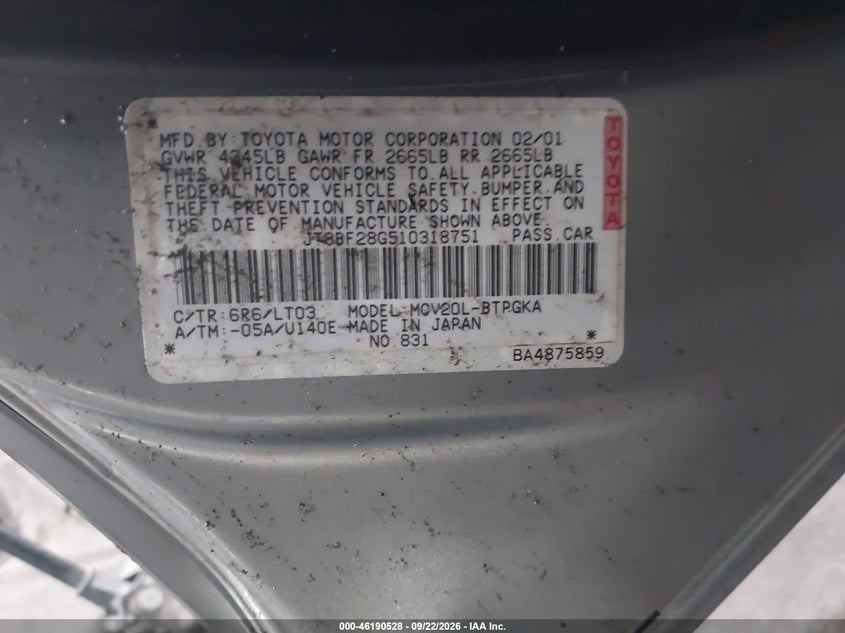 LEXUS ES 300 2001 VIN JT8BF28G510318751