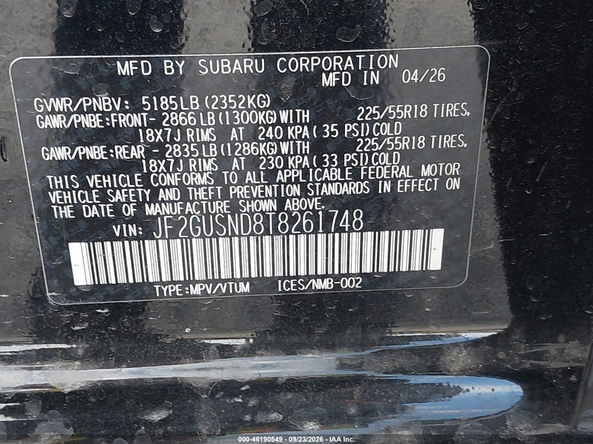 SUBARU CROSSTREK 2026 VIN JF2GUSND8T8261748