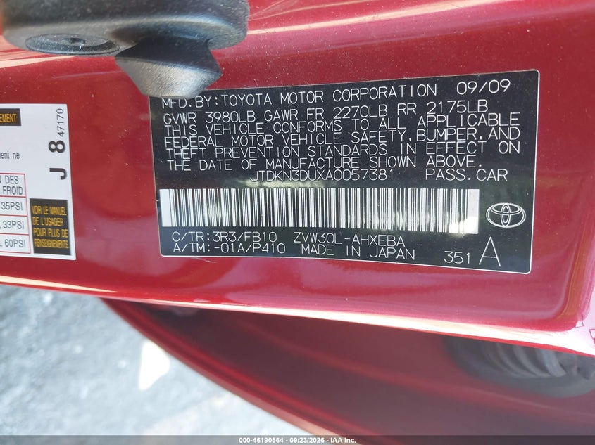 TOYOTA PRIUS 2010 VIN JTDKN3DUXA0057381