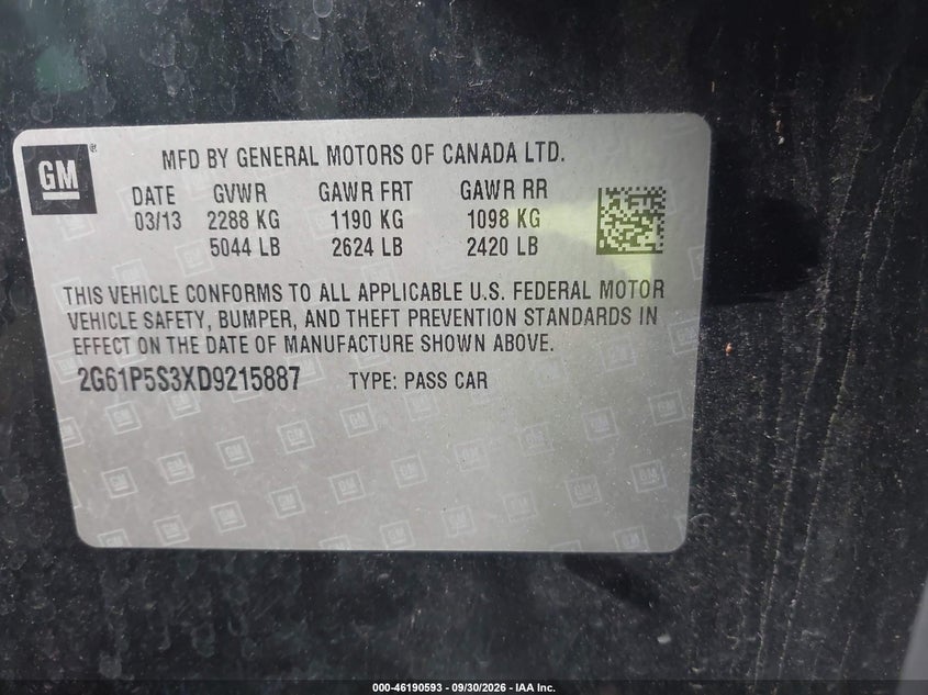 CADILLAC XTS 2013 VIN 2G61P5S3XD9215887