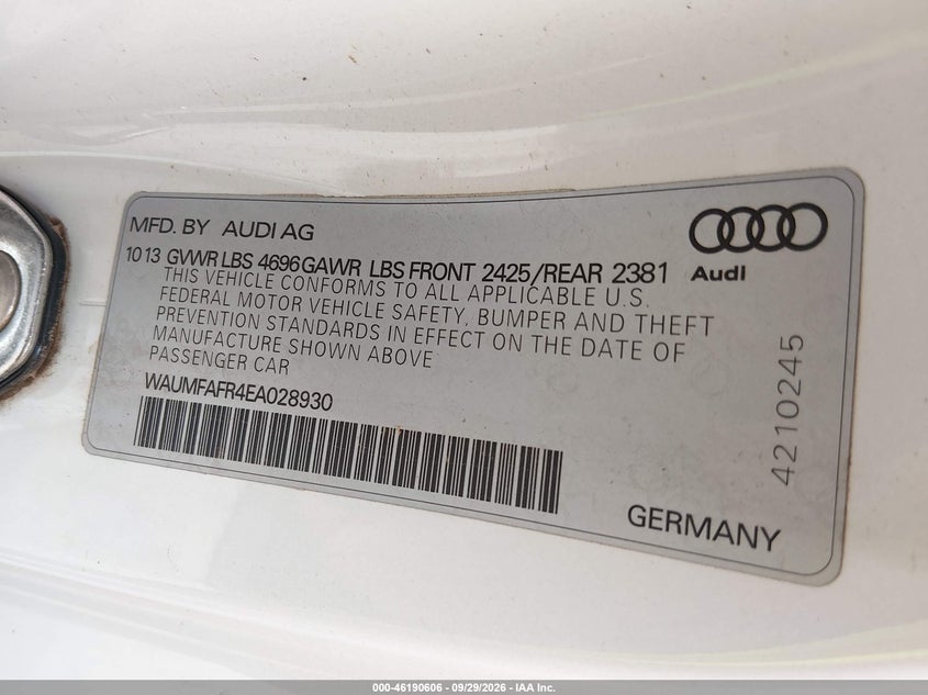 AUDI A5 2014 VIN WAUMFAFR4EA028930