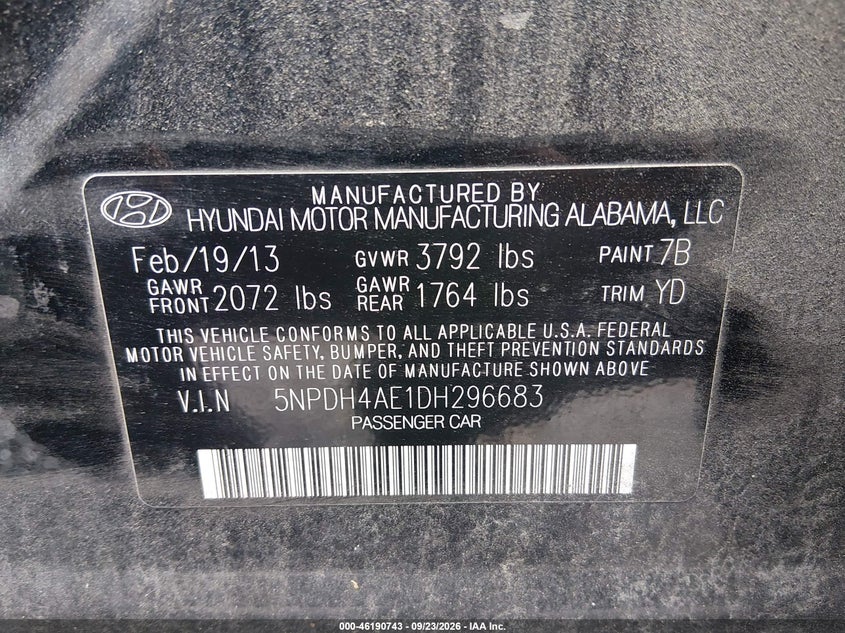 HYUNDAI ELANTRA 2013 VIN 5NPDH4AE1DH296683