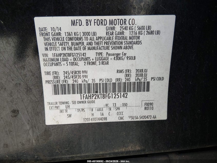 FORD TAURUS 2015 VIN 1FAHP2KT8FG125142