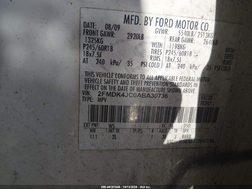 FORD EDGE 2010 VIN 2FMDK4JC0ABA30736