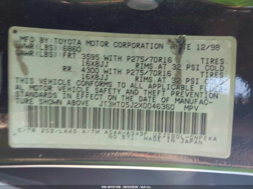 TOYOTA LAND CRUISER 1999 VIN JT3HT05J2X0046360