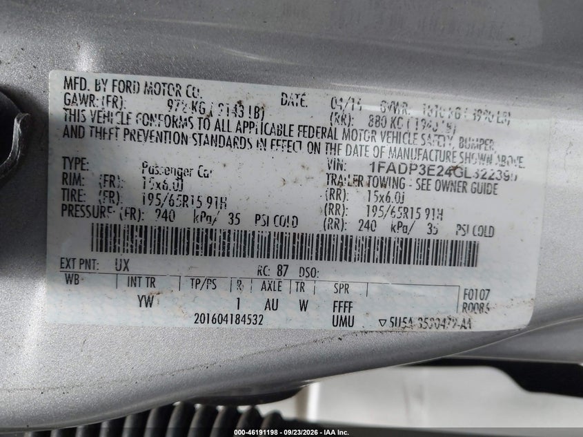 Vin: 1fadp3e24gl322390, lot: 46691082, ford focus s 20164