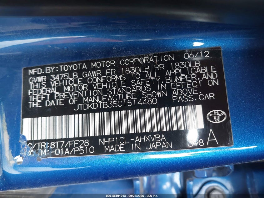 TOYOTA PRIUS C 2012 VIN JTDKDTB35C1514480