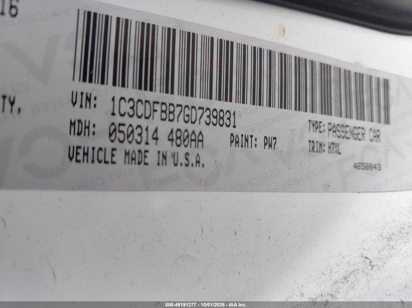 DODGE DART 2016 VIN 1C3CDFBB7GD739831