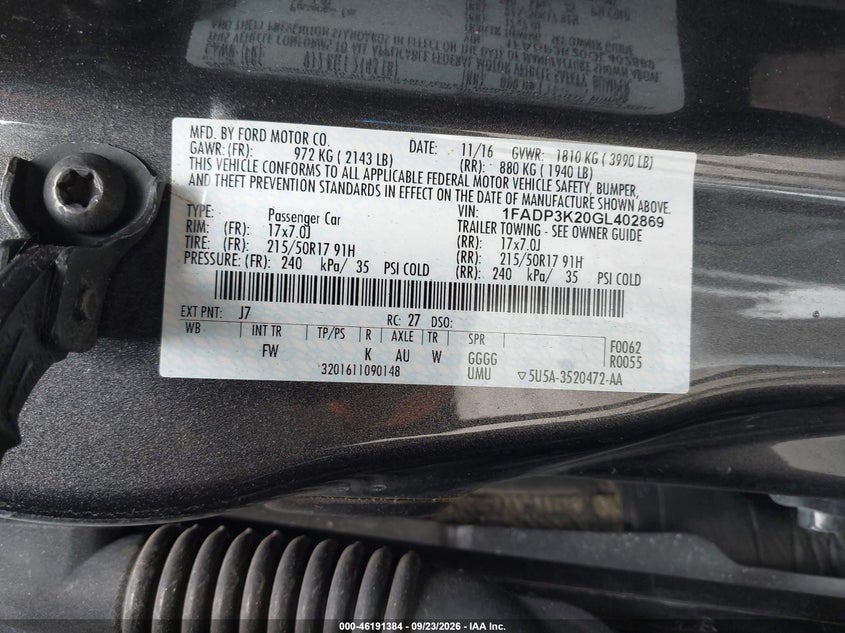FORD FOCUS 2016 VIN 1FADP3K20GL402869