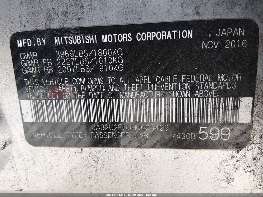 MITSUBISHI LANCER 2017 VIN JA32U2FU0HU005429