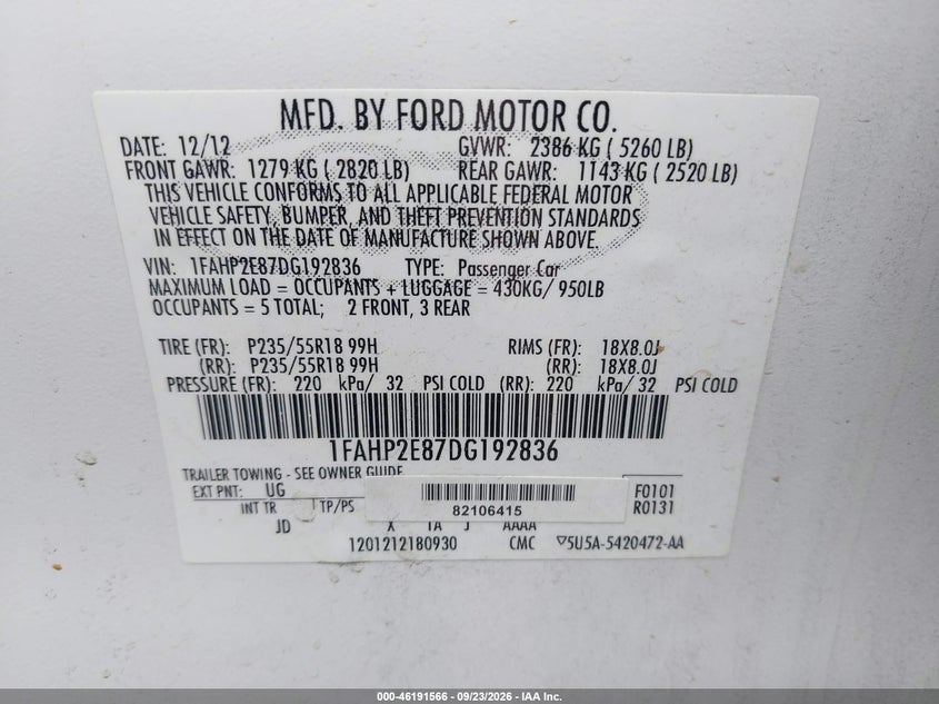 FORD TAURUS 2013 VIN 1FAHP2E87DG192836