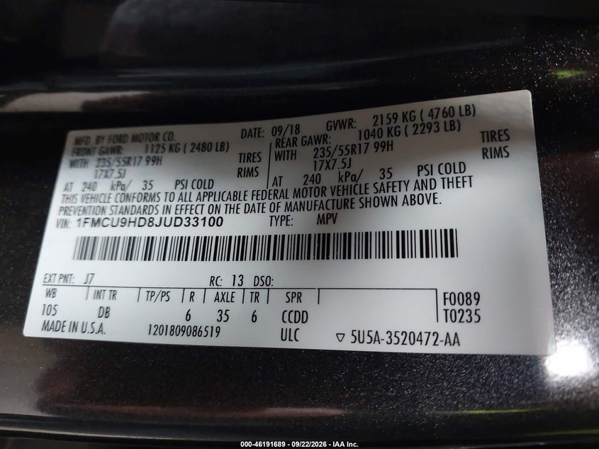 FORD ESCAPE 2018 VIN 1FMCU9HD8JUD33100