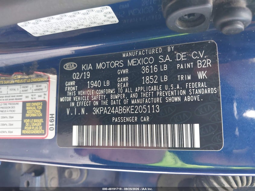 KIA RIO 2019 VIN 3KPA24AB6KE205113