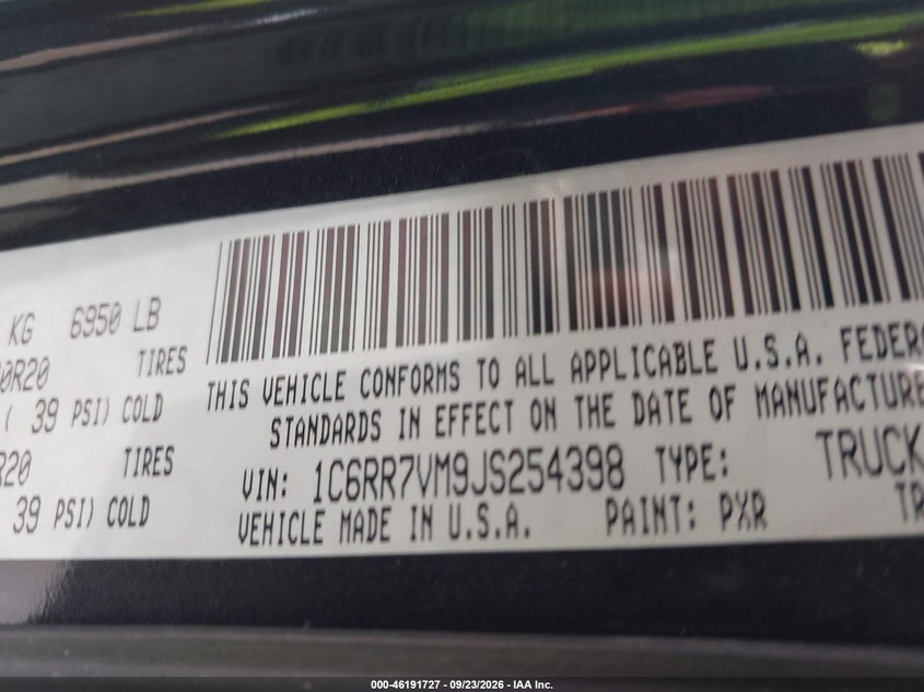 RAM 1500 2018 VIN 1C6RR7VM9JS254398