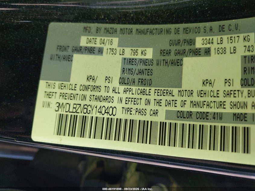 SCION IA 2016 VIN 3MYDLBZV6GY140400
