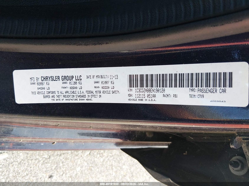 DODGE AVENGER 2014 VIN 1C3CDZAB8EN190120