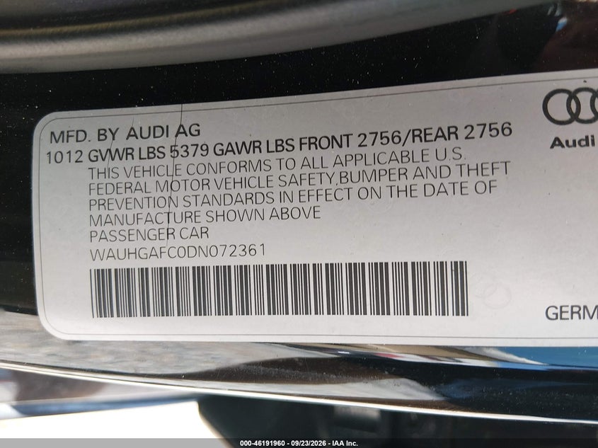 AUDI A6 2013 VIN WAUHGAFC0DN072361