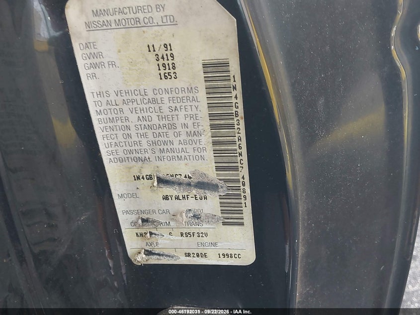 NISSAN SENTRA 1992 VIN 1N4GB32A6NC740891