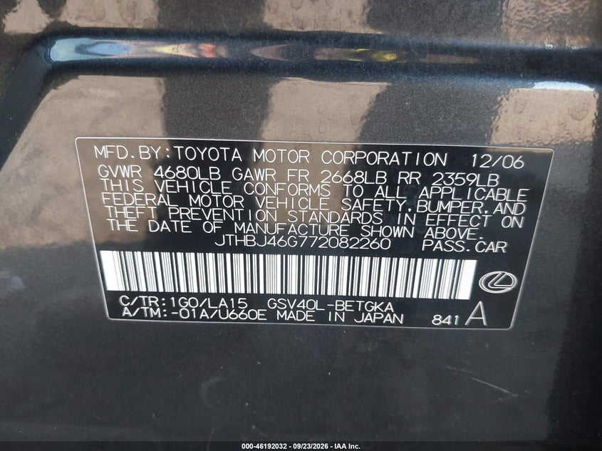 LEXUS ES 350 2007 VIN JTHBJ46G772082260
