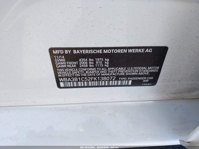 BMW 320I 2015 VIN WBA3B1C52FK138072