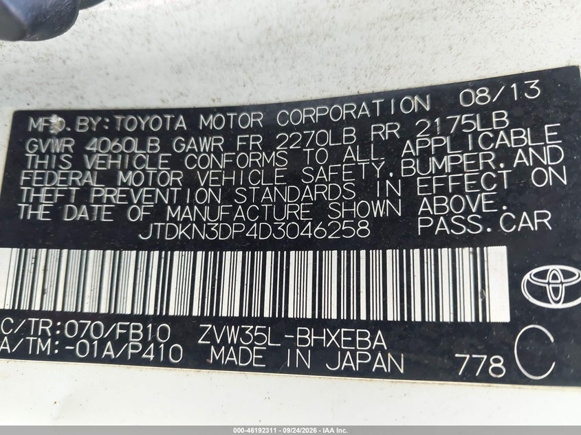 TOYOTA PRIUS PLUG-IN 2013 VIN JTDKN3DP4D3046258