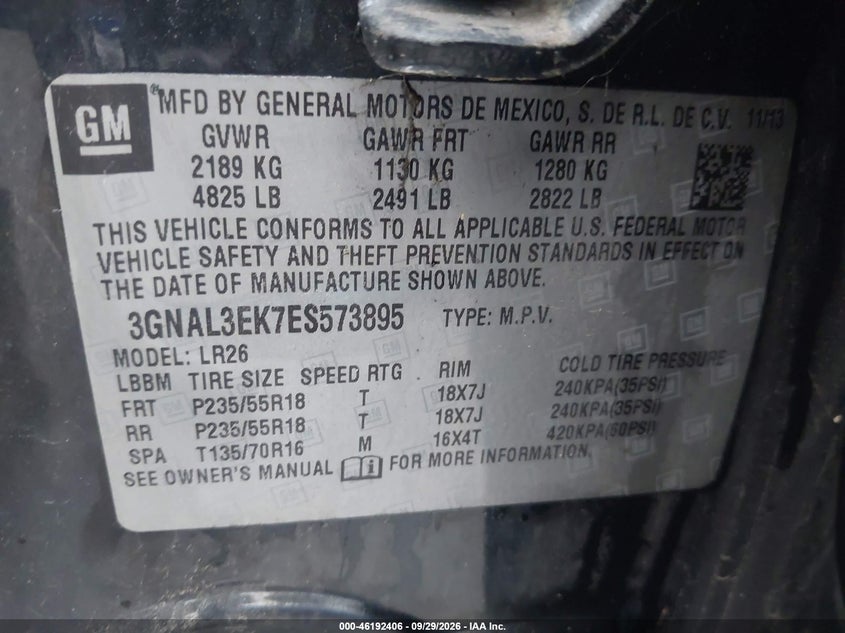 CHEVROLET CAPTIVA SPORT 2014 VIN 3GNAL3EK7ES573895
