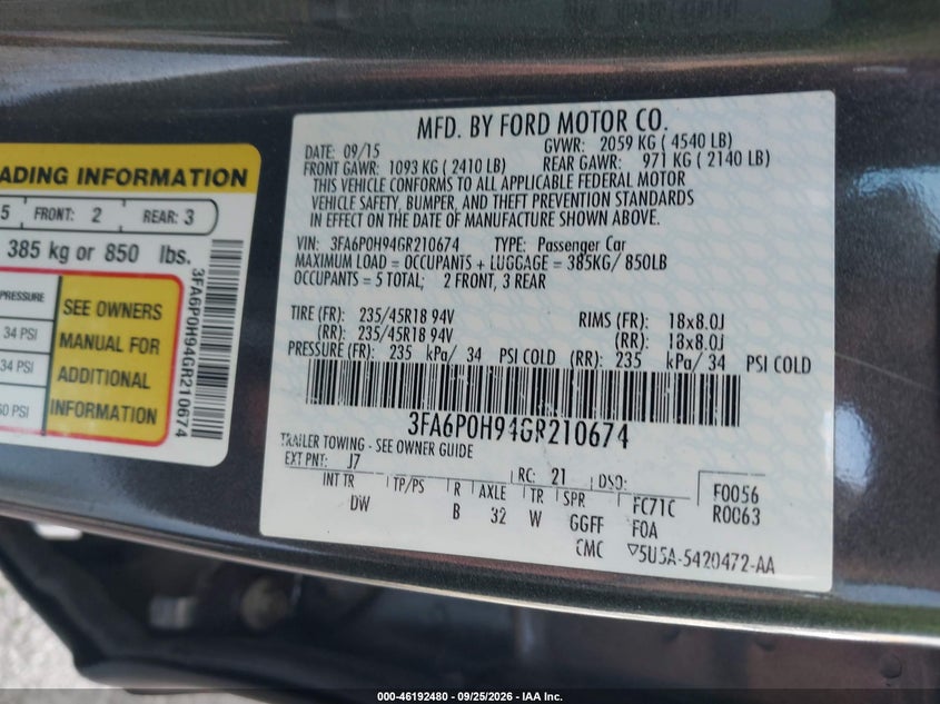 FORD FUSION 2016 VIN 3FA6P0H94GR210674