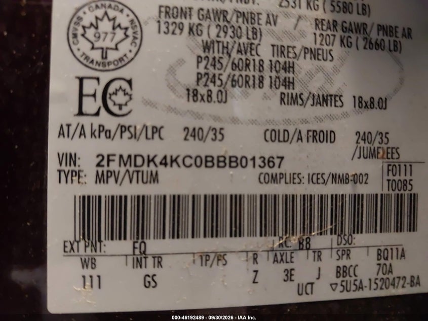 FORD EDGE 2011 VIN 2FMDK4KC0BBB01367