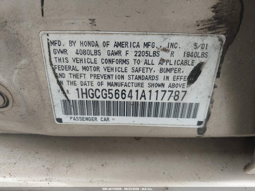 HONDA ACCORD SDN 2001 VIN 1HGCG56641A117787