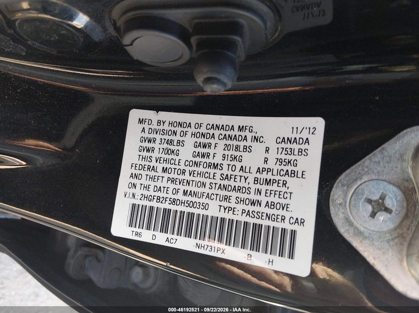 HONDA CIVIC SDN 2013 VIN 2HGFB2F58DH500350