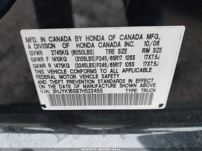HONDA RIDGELINE 2007 VIN 2HJYK16597H522455