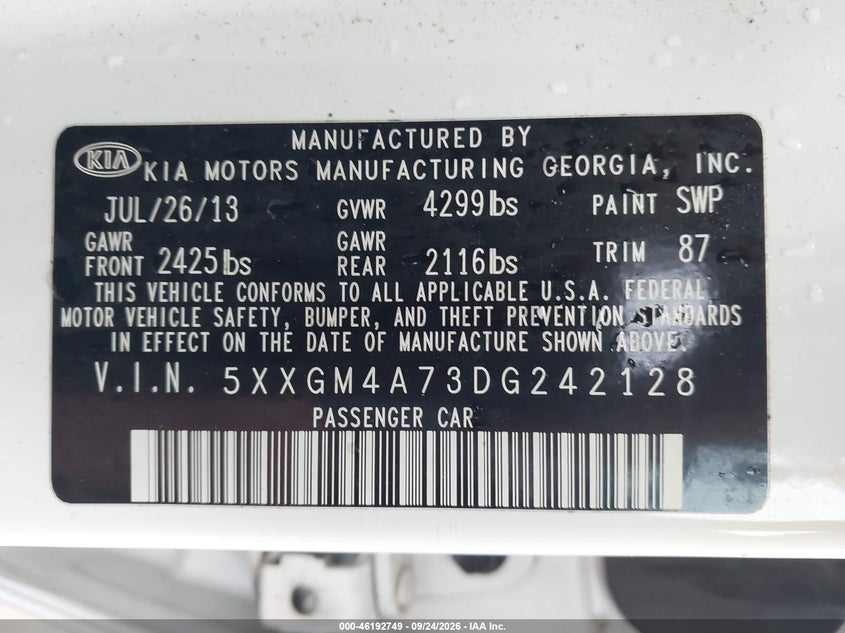 KIA OPTIMA 2013 VIN 5XXGM4A73DG242128