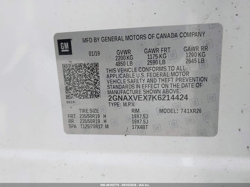CHEVROLET EQUINOX 2019 VIN 2GNAXVEX7K6214424