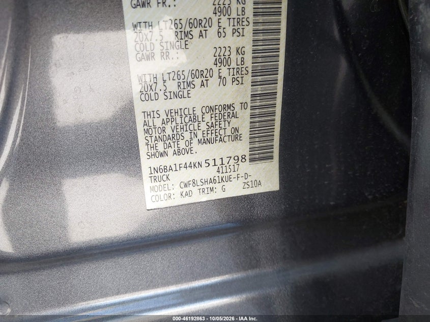 NISSAN TITAN XD 2019 VIN 1N6BA1F44KN511798