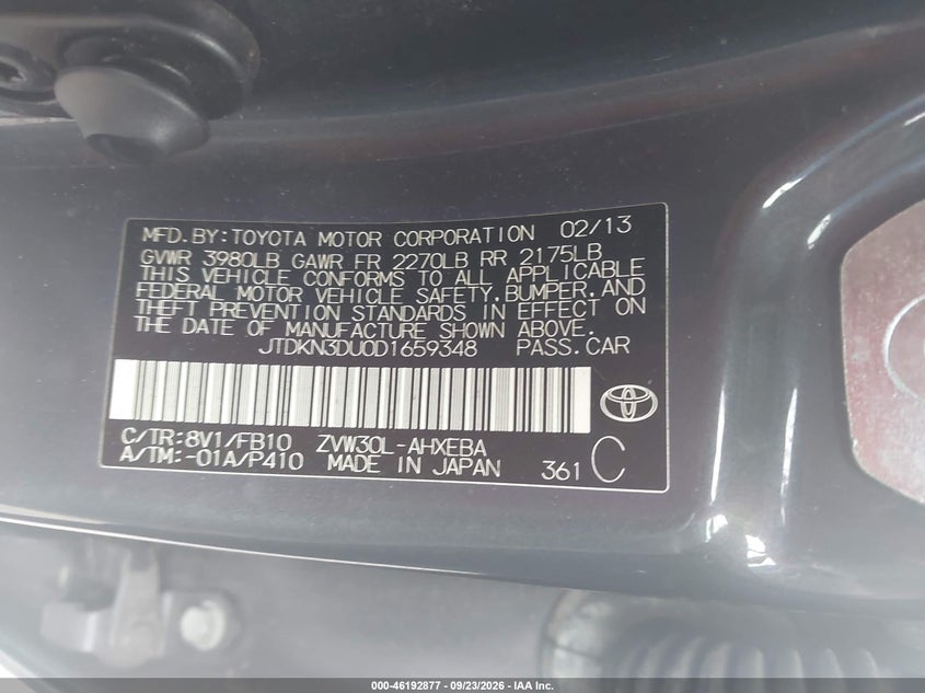 TOYOTA PRIUS 2013 VIN JTDKN3DU0D1659348