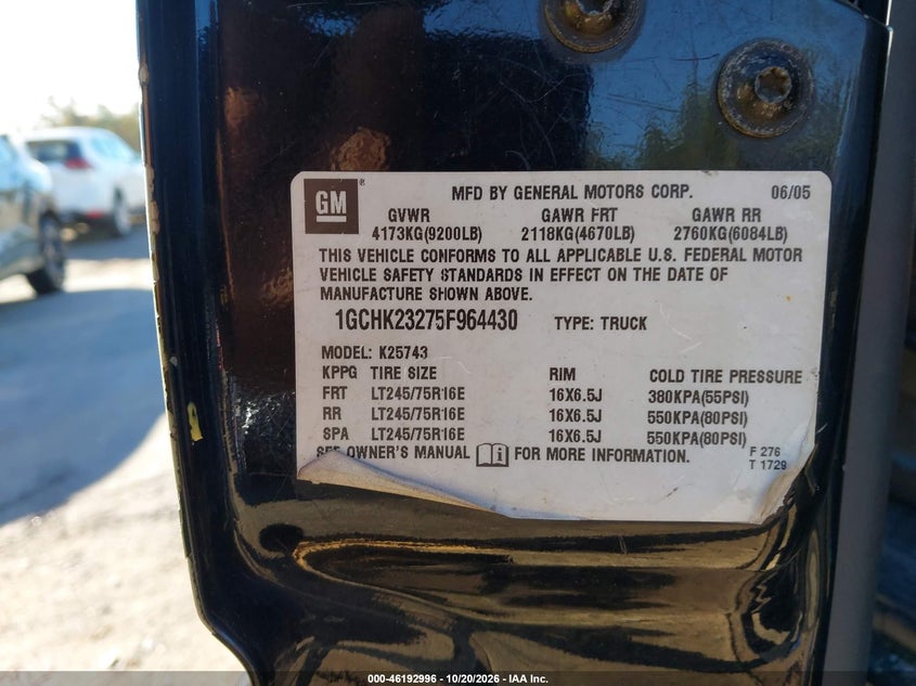 CHEVROLET SILVERADO 2500HD 2005 VIN 1GCHK23275F964430