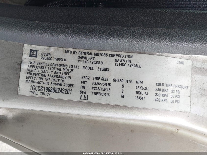 CHEVROLET COLORADO 2006 VIN 1GCCS196868243201