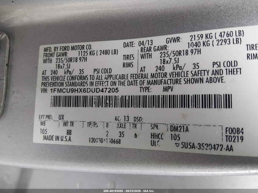 FORD ESCAPE 2013 VIN 1FMCU9HX6DUD47205