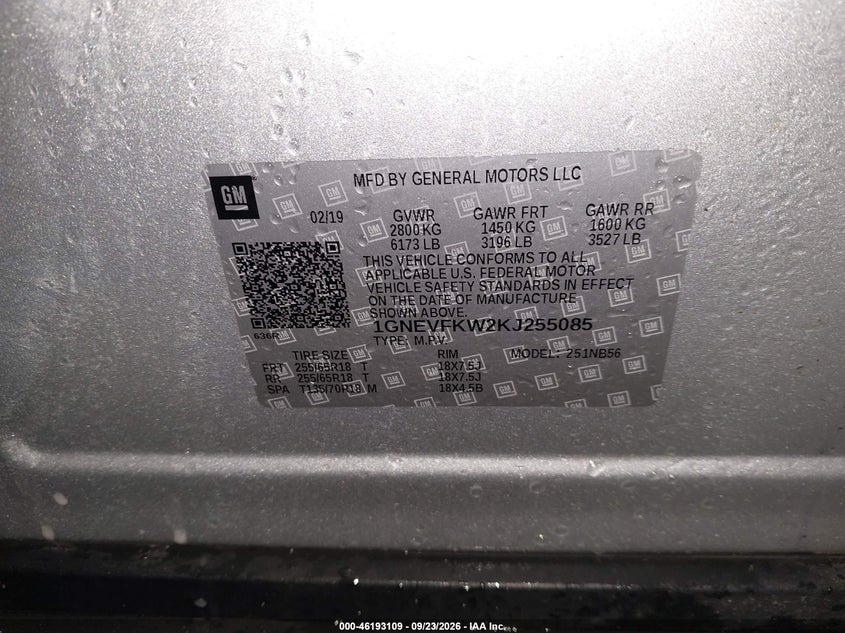 CHEVROLET TRAVERSE 2019 VIN 1GNEVFKW2KJ255085