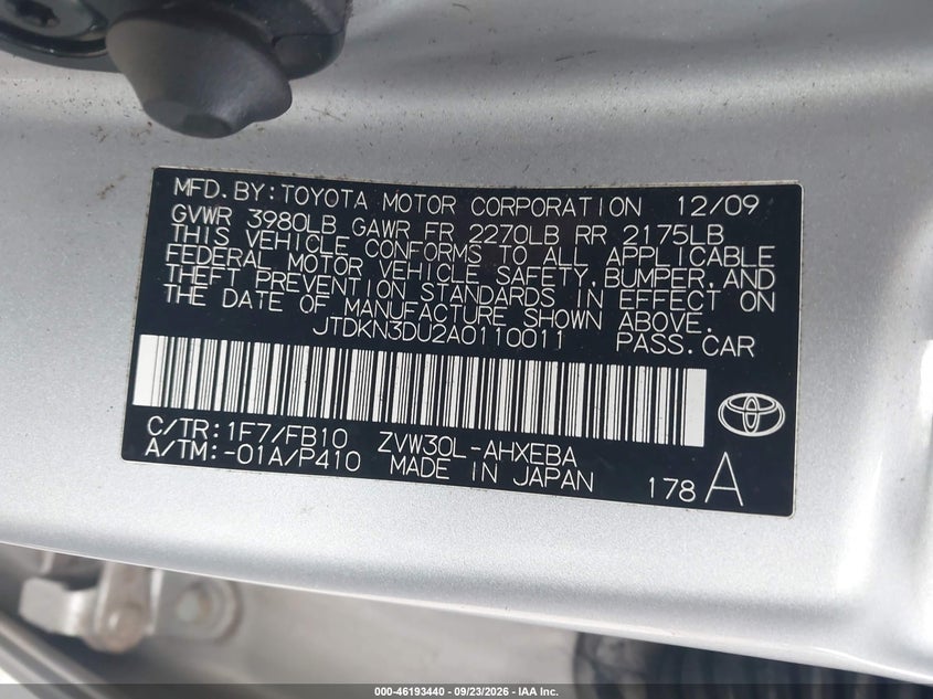 TOYOTA PRIUS 2010 VIN JTDKN3DU2A0110011
