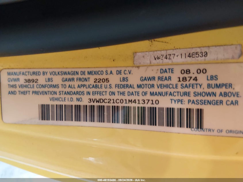 VOLKSWAGEN NEW BEETLE 2001 VIN 3VWDC21C01M413710