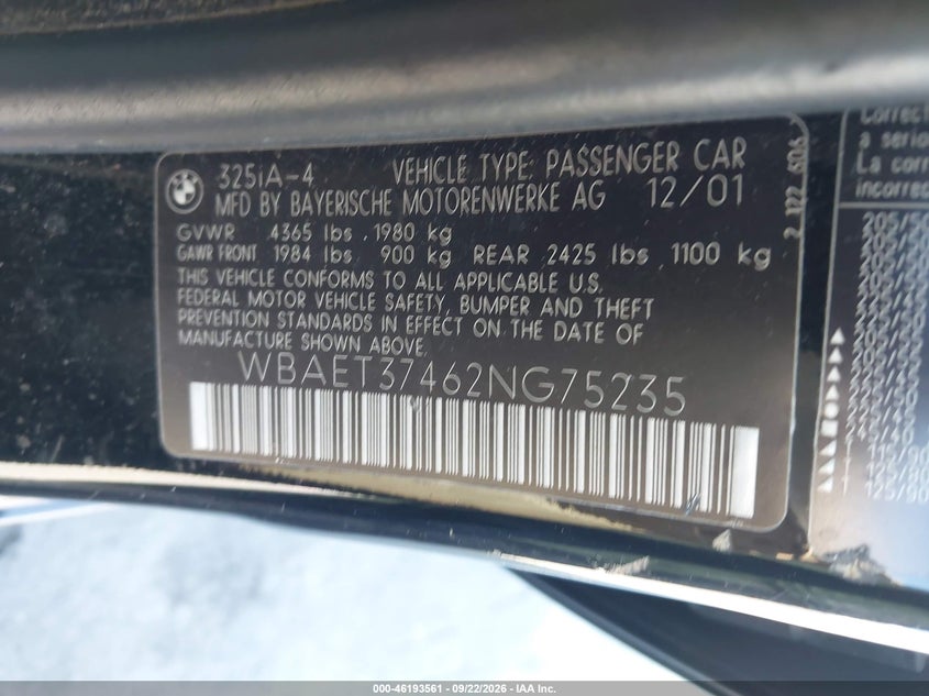 BMW 325I 2002 VIN WBAET37462NG75235