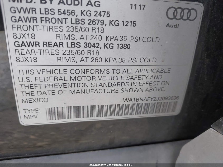 AUDI Q5 2018 VIN WA1BNAFY2J2093696